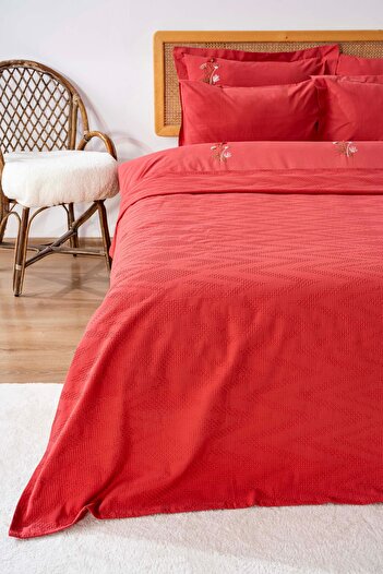 Rivaİstanbul Noris Pomegranate Flower Double 100% Cotton Embroidered Duvet Cover Pique Set - 7 Piece Dowry Set