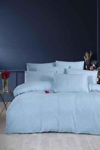 MyStory Home Double Duvet Cover Set with Fitted Sheets (Satin Blue)