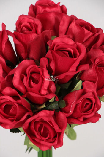 Yapay Çiçek Deposu Artificial Flower 12 Large Rose Bunch 45 cm Red