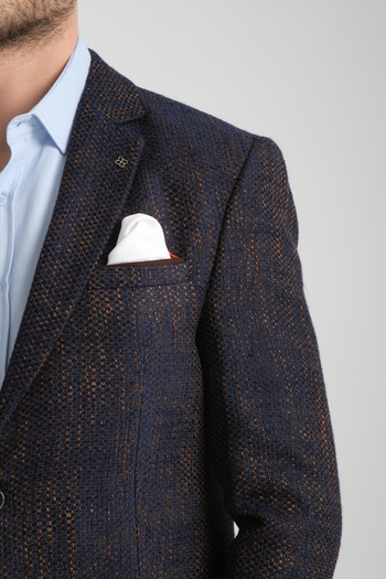 Frappoli Boris Men's Navy Blue-Coffee Print Mono Neck Thick Slim Fit Slim Fit Blazer Jacket