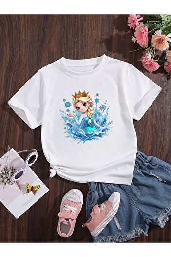 Laches Elsa Printed Crew Neck Girl's T-Shirt Short Sleeve