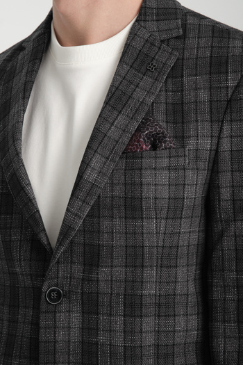 Frappoli Galileo Men's Anthracite Check Plaid Mono Collar Non-Stretch Fabric Thick Fabric Slim Fit Blazer Jacket