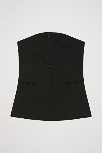 Quzu Black Strapless Blouse - Button Detail