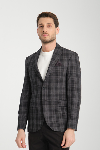 Frappoli Galileo Men's Anthracite Check Plaid Mono Collar Non-Stretch Fabric Thick Fabric Slim Fit Blazer Jacket