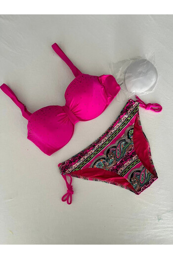 hazelin Füzya Stone Embroidered Patterned 3 Piece Women's Bikini Suit
