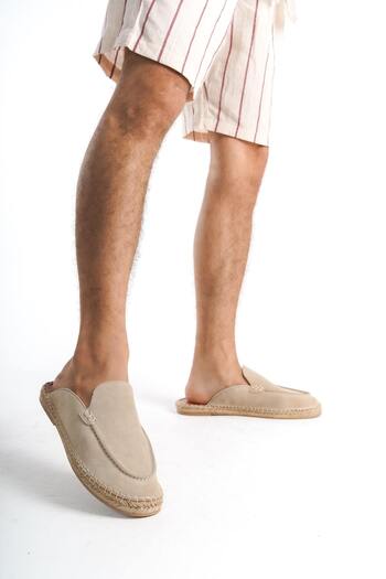 Mubiano Men's Suede Beige Espadrille Slippers - Genuine Leather, Jute Sole, Closed Front - mssr3416-bj