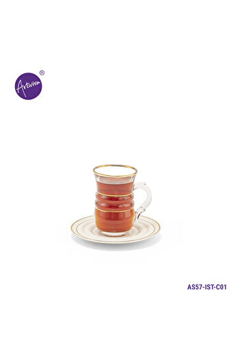 ARTIVIRA AS57-Tea set consisting of 6 clear glass tea cups and 6 saucers made of ceramic with distinctive modern engravings
