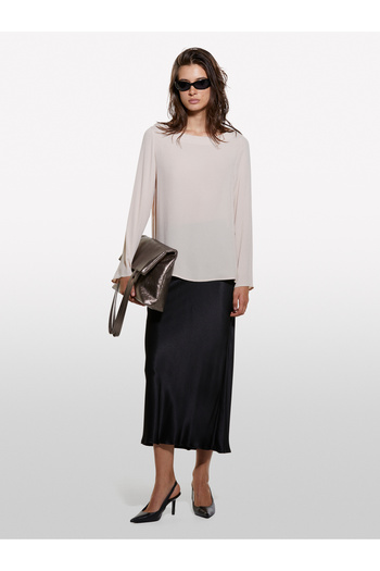Sisley Women's Powder 100% Viscose Comfortable Cut Boat Neck Blouse with Slits on the Sides