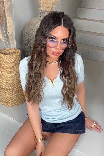 Sohotique By P Gold V Aksesuarlı Kısa Kollu Triko Bluz Mavi