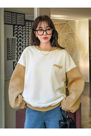 Know Women's 3 Thread White Enough Printed Beige Sleeve Detail Oversize Sweatshirt