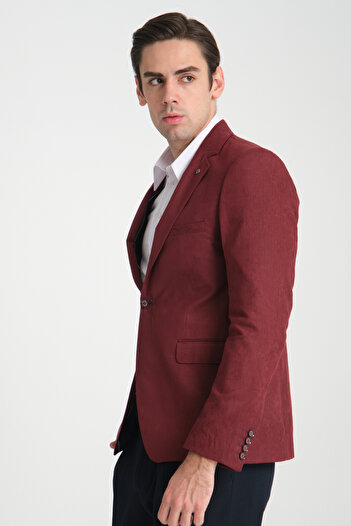 Frappoli Cencio Men's Burgundy Diagonel Suede Slim Fit Mono Collar Sports Blazer Jacket