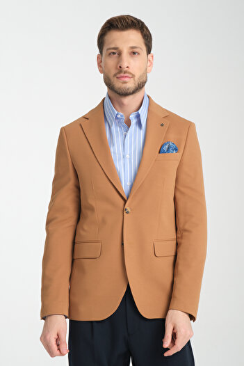 Frappoli Baselnaa Men's Mustard Oversize Large Size Slim Fit Lined Buttoned Basic Blazer Jacket
