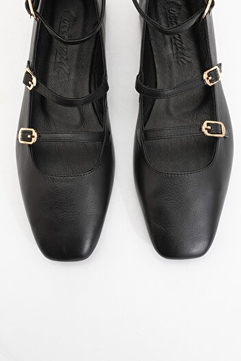LuviShoes Glimmer Black Genuine Leather Ankle Strap Blunt Toe Women's Ballerina Shoes