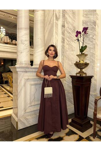 NEW JOURNAL Women's Brown Princess Collar Zippered Full Length Lined Chest Glove Dress Eley- 1000154310