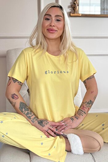 Pijamaevi Yellow Glorious Print Bamboo Short-Sleeve Women's Pajamas Set