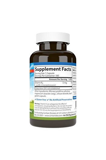 Carlson Vitamin K2 MK-4 (Menatetrenone) Supplement, Bone & Heart Health, Soy-Free, 180 Capsules