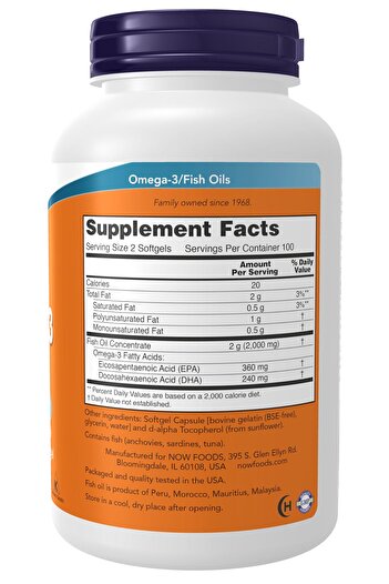 Now Foods Supplements, Omega-3 180 EPA / 120 DHA, Molecularly Distilled, Cardiovascular Support*, 200 Softgels