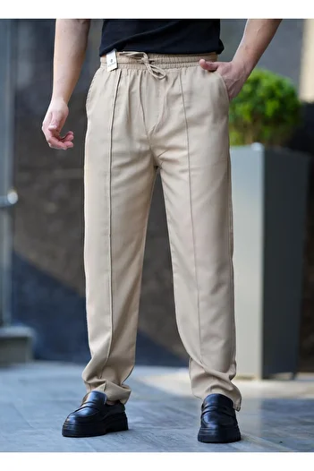 CLIPMAN Men's Regular Fit Pleated Straight Leg Beige Soft Fabric Trousers