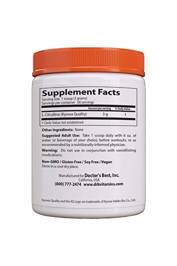 Doctor's Best Doctors Best L-Citrulline Powder, Supports Circulatory Health, Non-GMO, Vegan, 7 oz