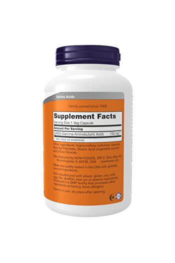 Now Foods Supplements, GABA (Gamma-Aminobutyric Acid) 750mg, Neurotransmitter Support*, 200 Veg Capsules