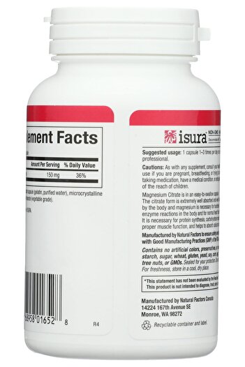 Natural Factors Magnesium Citrate 150 mg, Supports Heart & Muscle Function, 90 Capsules