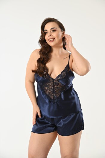 NUİTAMORE Navy Blue Lace Satin Plus Size Shorts Set – a Touch of Elegance to Your Nights