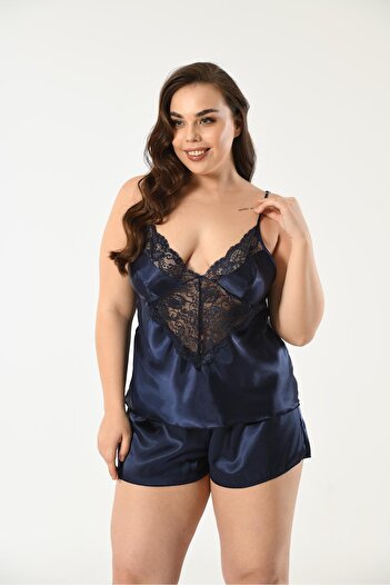 NUİTAMORE Navy Blue Lace Satin Plus Size Shorts Set – a Touch of Elegance to Your Nights