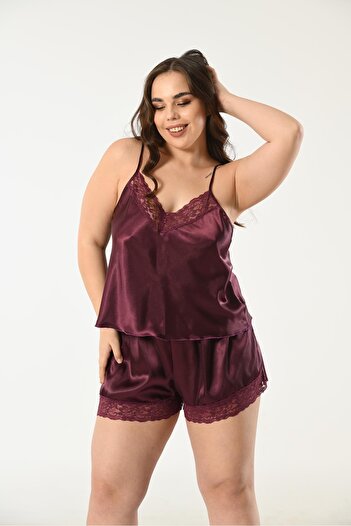 NUİTAMORE Plum Lace Satin Plus Size Shorts Set – Charming and Elegant