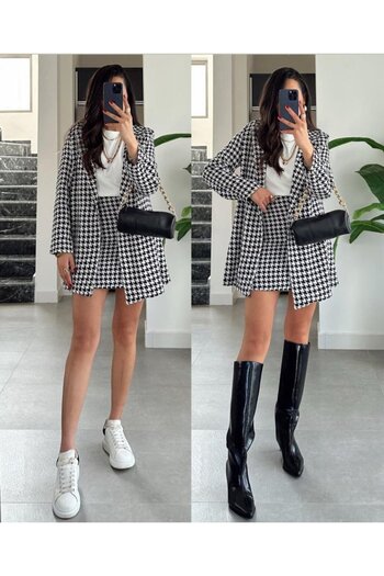 fh fashionhere Women's Houndstooth Pattern Wadded Detail Coat and High Waist Skirt Double Set