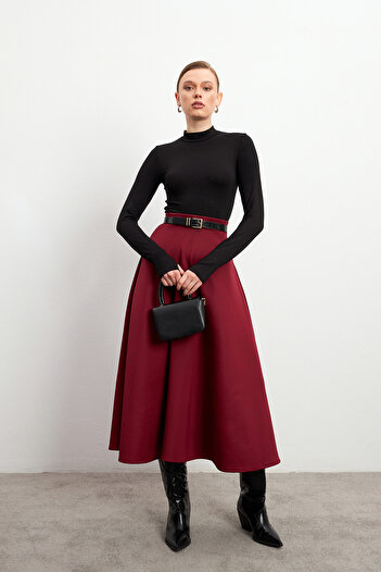 Bipantolon Women's Burgundy Shiny Puff Scuba Flared Skirt