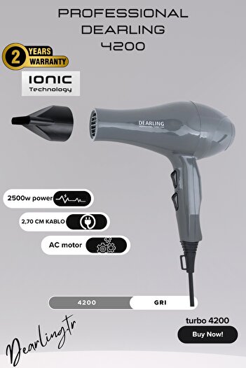 Dearling Professional 2500W Ionic Blow Dryer 2 Heat & Speed Settings Grey with 2 Year Warranty