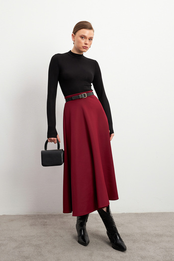 Bipantolon Women's Burgundy Shiny Puff Scuba Flared Skirt