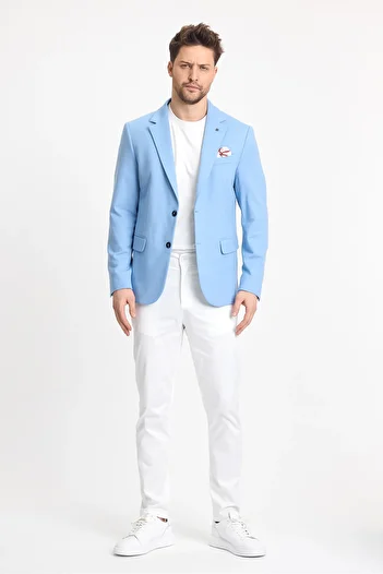 Frappoli Marcio Men's Blue Cotton Blended Stretching Fabric Mono Collar Slim Fit Sports Blazer Jacket