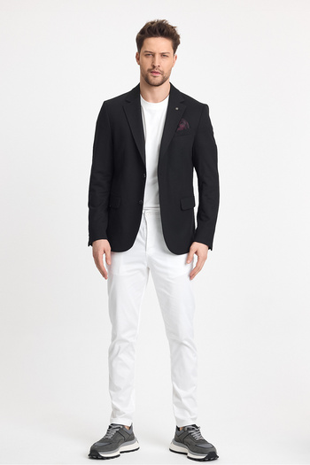 Frappoli Marcio Men's Black Cotton Blended Stretching Fabric Mono Collar Slim Fit Sports Blazer Jacket