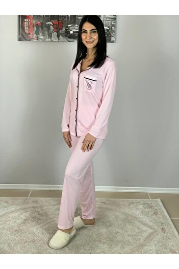 Chordi Kadın Pamuklu Viscon Bebe Yaka V. Secret İnce Çizgili Pijama Takımı (Pembe)