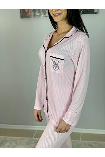 Chordi Kadın Pamuklu Viscon Bebe Yaka V. Secret İnce Çizgili Pijama Takımı (Pembe)