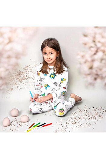 Esterella Girl's Painted Washable Pajama Set (with Pen Gift)/Long Sleeve Children's Pajama Set