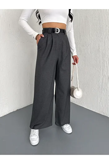 Gugus Women's Lima Fabric Trousers Wide Leg Double Coated Belt Detailed Palazzo Model