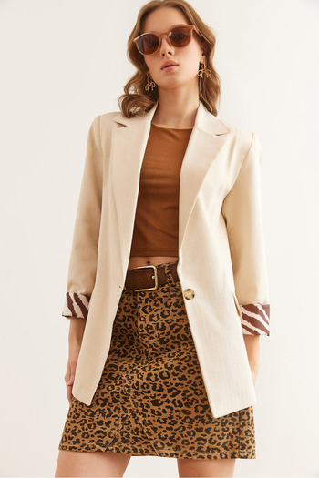 Olalook Women's Stone Leopard Detailed Fleto Pocket Lined Premium Linen Jacket Ckt- 19000427