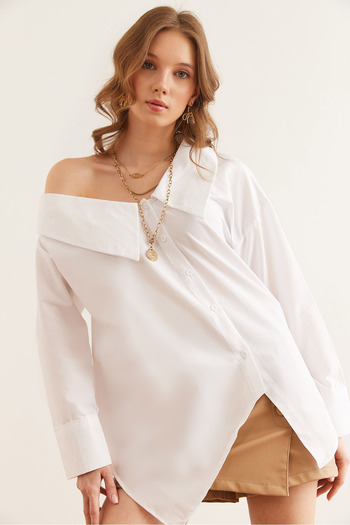 Olalook Women's White Lapel Detailed Asymmetrical Woven Shirt Gml- 19001290