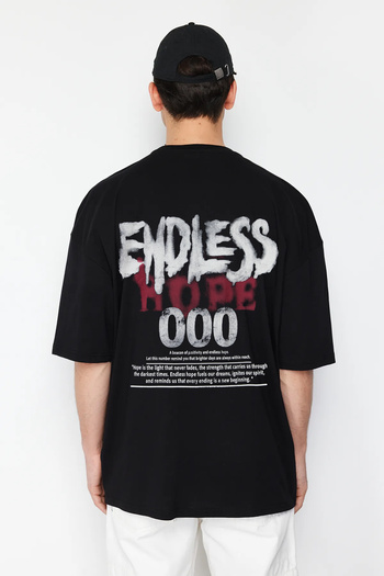 Trendyol Collection Endless εμπριμέ μαύρο υπερμεγέθη βαμβακερό μπλουζάκι - TMNSS25TS00137