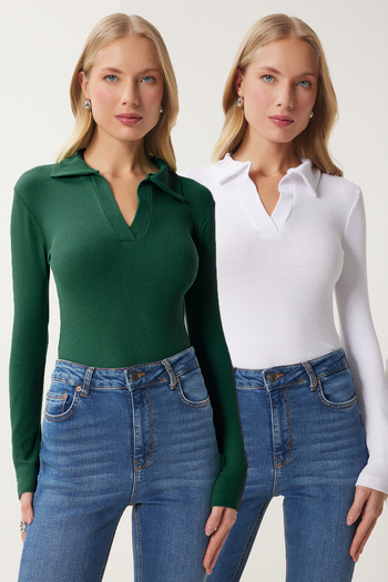 Happiness İstanbul 2-teilige, gerippte Strickbluse mit Polokragen für Damen in Grün und Weiß GT00232