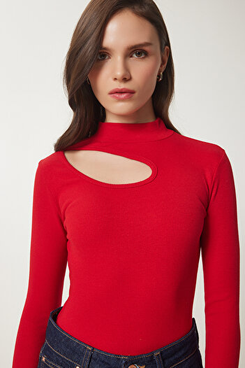 Happiness İstanbul Women's Red Cream 2-Pack Cut Out Detailed Ribbed Knitted Blouse Gt00235