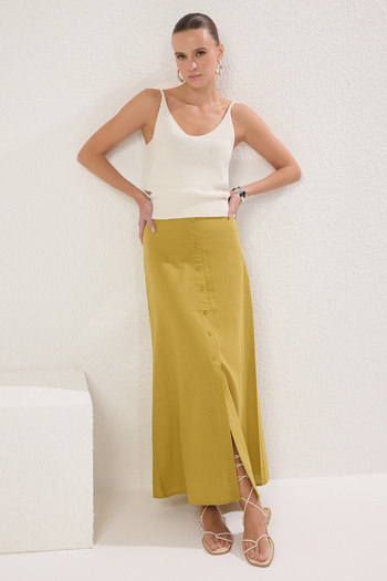 Trendyol Collection Oil Green Button Detailed Slit Linen Look Lined Maxi Woven Skirt Twoss25Et00123