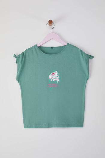 TRENDYOLKIDS Πλεκτό μπλουζάκι με στάμπα μέντας - TKDSS25TS00059