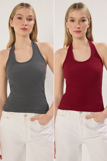 Trendyol Collection Pool Neck Stretchy Fit Knitted Undershirt - Anthracite/Burgundy 2 Pack Twoss25Al00049