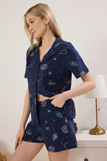 Trendyol Collection Темно-синій комплект піжами з 100 бавовни з візерунком галактики