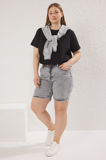 Trendyol Curve Gray High Waist Elastic Waist Denim Plus Size Shorts Tbbss25Ap00021
