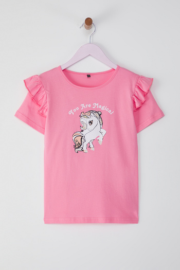 TRENDYOLKIDS Ροζ Γυναικείο Παιδικό 100% Βαμβακερό εμπριμέ βολάν Λεπτομερές κοντομάνικο πλεκτό μπλουζάκι TKDSS25TS00061