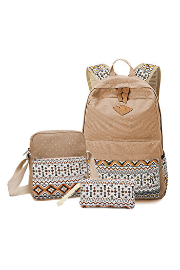 fulina Canvas Backpack,3 in 1 New Style Printed Zipper Students Backpack Set,Khaki